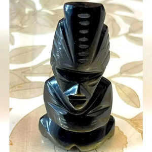 Vintage Carved stone 3 1/2” Obsidian Aztec/Mayan Sculpture